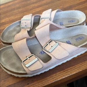 Birkenstock pink leather sandals big buckle.
